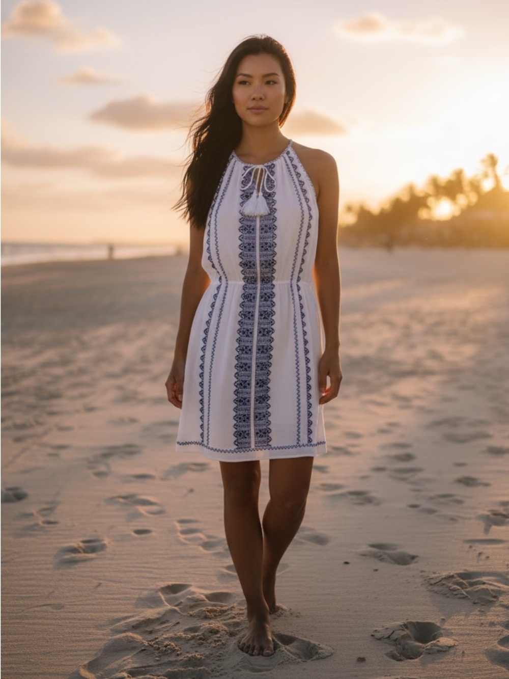 Dex White Mini Dress with Blue Embroidered Stripes